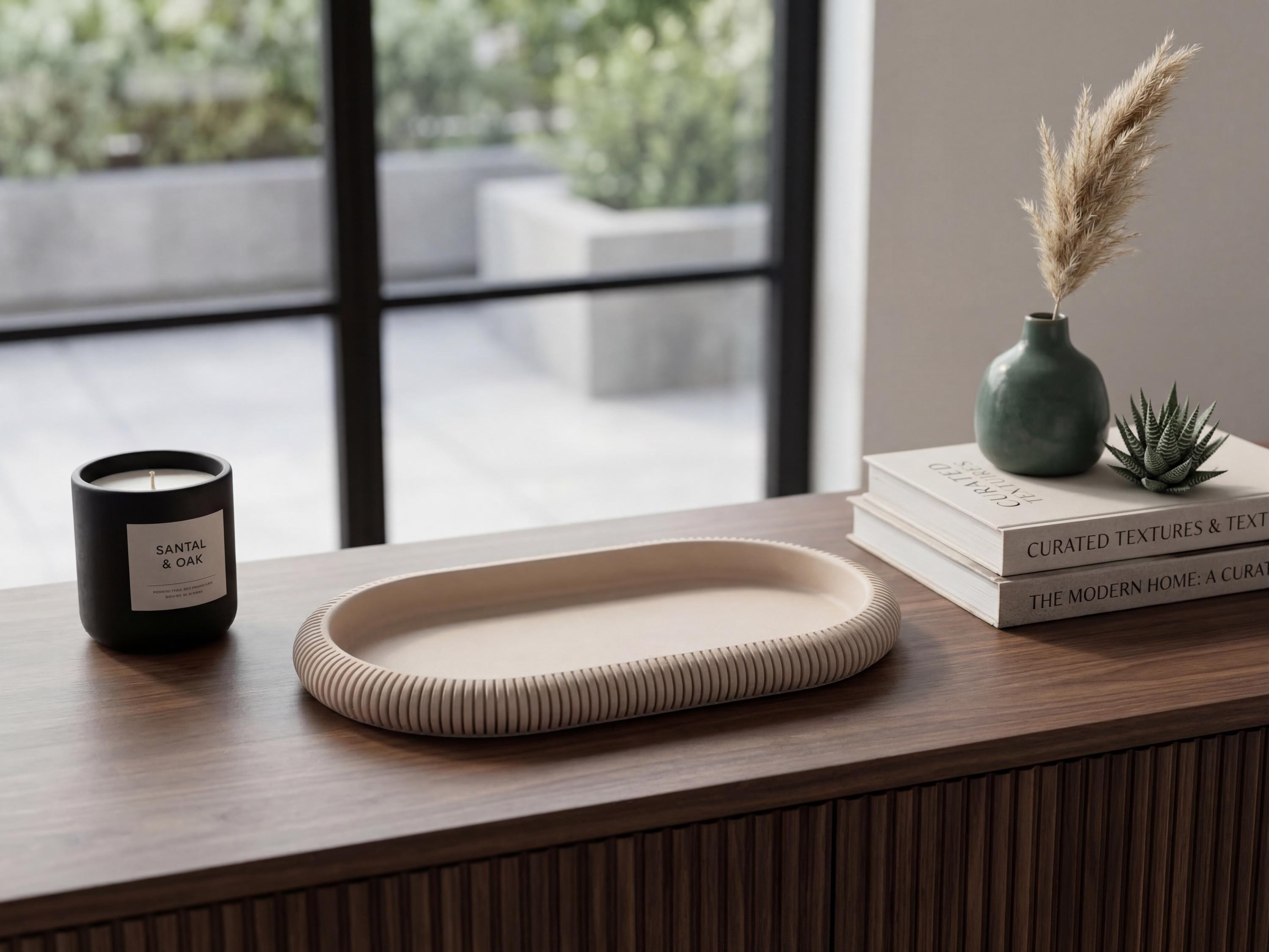Japandi Decorative Tray – Ribbed Oval Catchall – Modern Neutral Coffee Table & Entryway Organizer